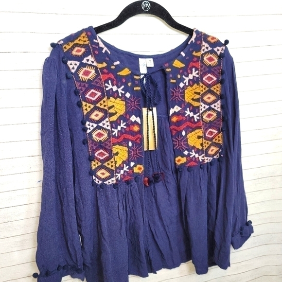 ALYA Open Front Peasant Floral Embroidered w Tassel Closure in Navy, sz Medium - Picture 2 of 13